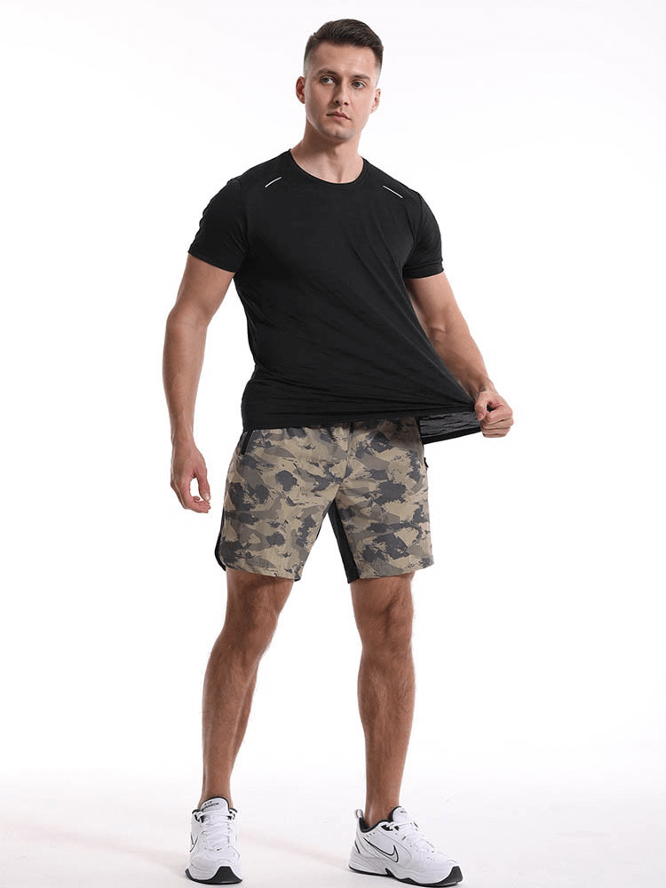 Man wearing Casual Short Sleeves Basketball Elastic T-shirt for Men SF1043 in black, perfect for sports and exercise.